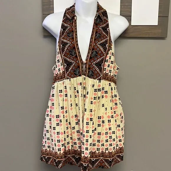 Free People Sleeveless Collared Boho Flowy Key Hole Tank V-Neck Tunic- Medium