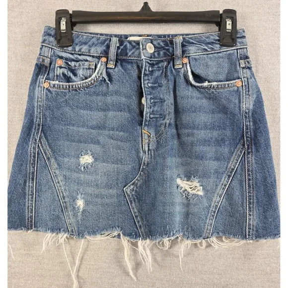 WE THE FREE Free People 25 Button Fly Distressed Denim Mini Skirt Boho Grunge