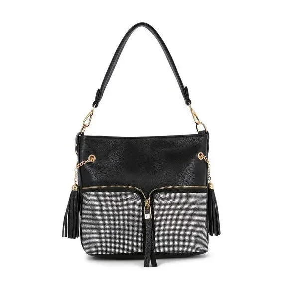 Black Stylish Rhinestone Bling Zip Hobo Handbag