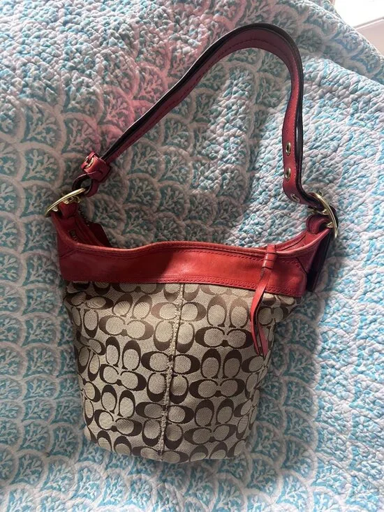 Coach Signature Duffle Hobo Shoulder Bag Khaki Canvas Red Leather Style 11437