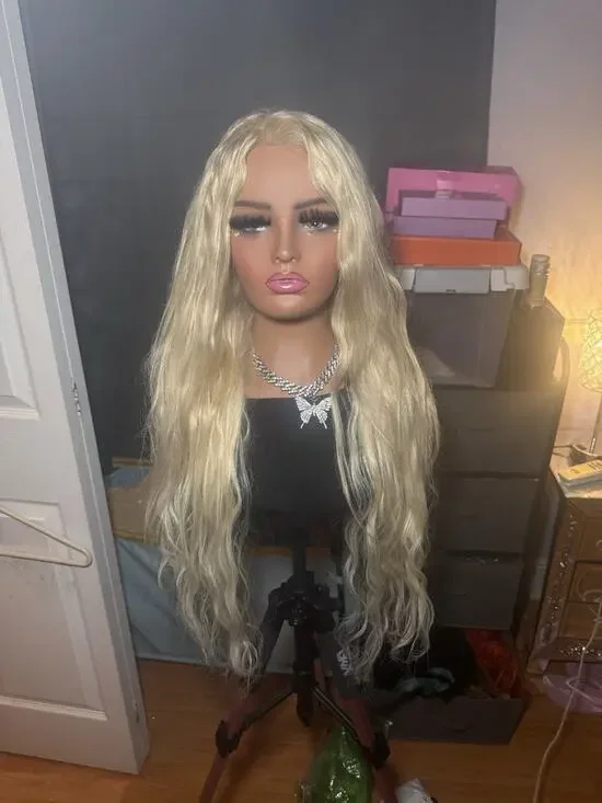 Human Hair Wig 13x6 Lace Front Platinum Blonde Long Wavy
