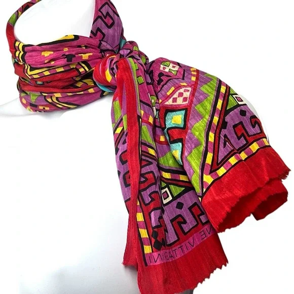 Adrienne Vittadini Silk Scarf Art to Wear Colorful‎ Art-Deco Mod Geometric 52x10