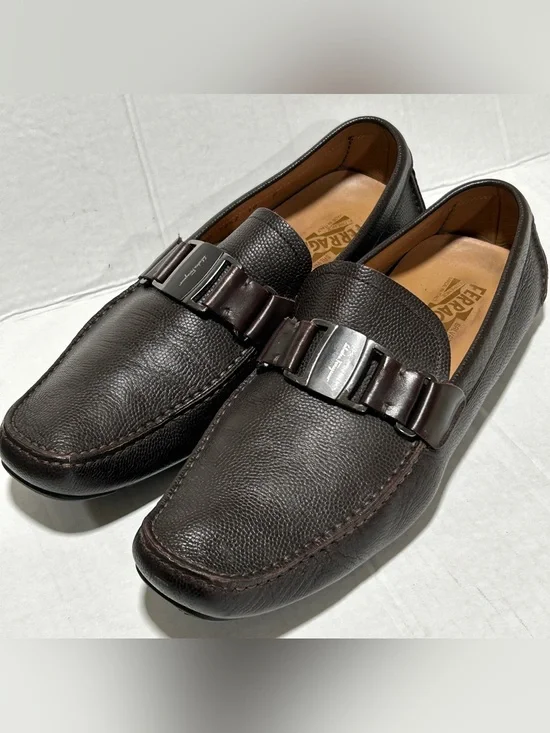 Salvatore Ferragamo Dark Brown Pebbled Leather Bit Loafers