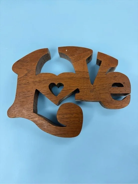 Vintage 1990s Solid Walnut Wood Hand Carved Love Wall Hanging Decor Heart EUC