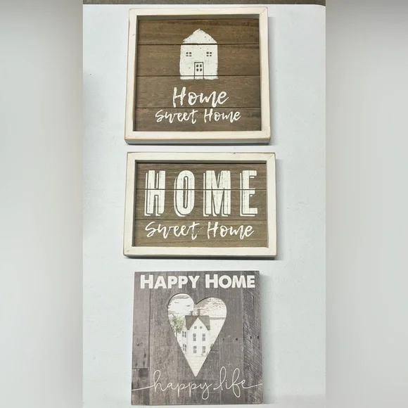 Rustic Distressed Primitive Brown and White 'Home Sweet Home' Wall Art Set of 3