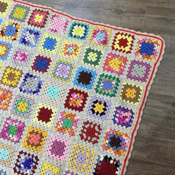 Vtg Granny Square Colorful Crochet Afghan Throw Tan Beige Handmade 50x60 Rosanne