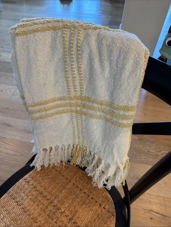 Cream Throw Blanket with Mustard Grid and Fringe