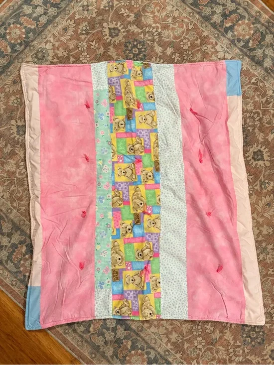 Baby Girls Handmade Boyds Bear themed quilted Baby Blanket EUC Nursery Patchwork