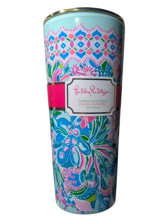 NEW - Lilly Pulitzer Blue, Pink & Green Floral Travel Tumbler with Gold Rim