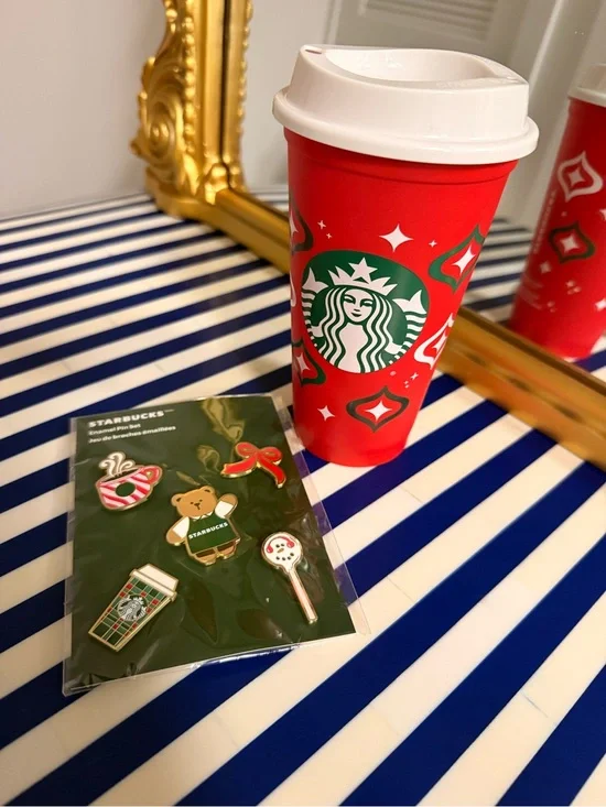 Starbucks Red Holiday Cup and Enamel Pins