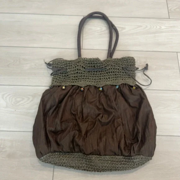 Bohemian Crochet Knit Bag‎ Women Brown Beaded Drawstring Hobo Boho Fairycore Y2k