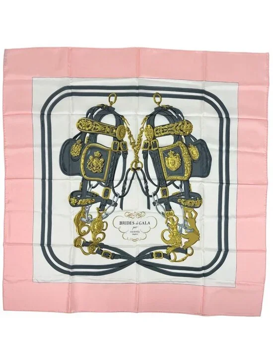 Hermes Carre 90 Brides de Gala Ceremonial Bridle Horse Gear Scarf Silk Pink