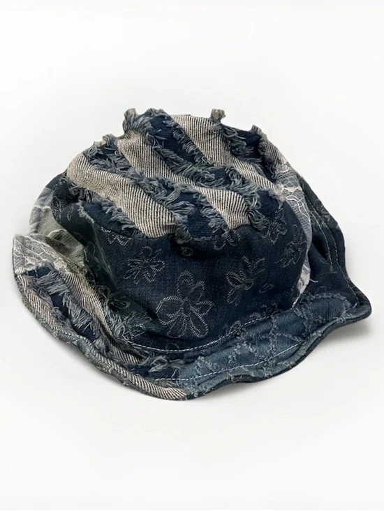 Free People Women’s Bucket Hat Blue Denim Floral Fringe One Size Casual Travel
