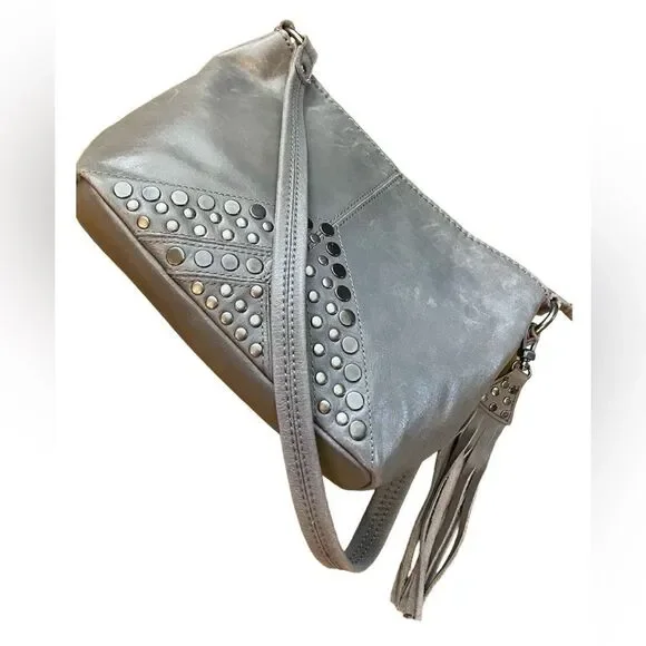 The Sak Indio Grey Leather Studded Hobo Bag With Tassel