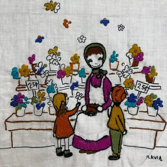 Vintage Flavia Weedn Hand Embroidered Linen Longfellow Quote Flower Market Art