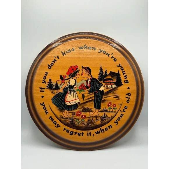 Vintage Wood Folk Art Wall Plaque Kissing Couple Quote Cottagecore Decor 11.5
