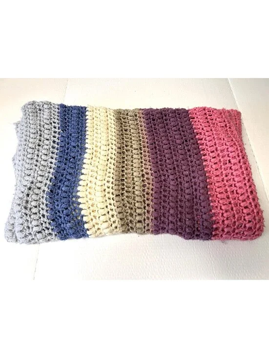 Vintage Hand Knit Afghan Throw Blanket Earth Tones Striped, 56 X 44 Inch