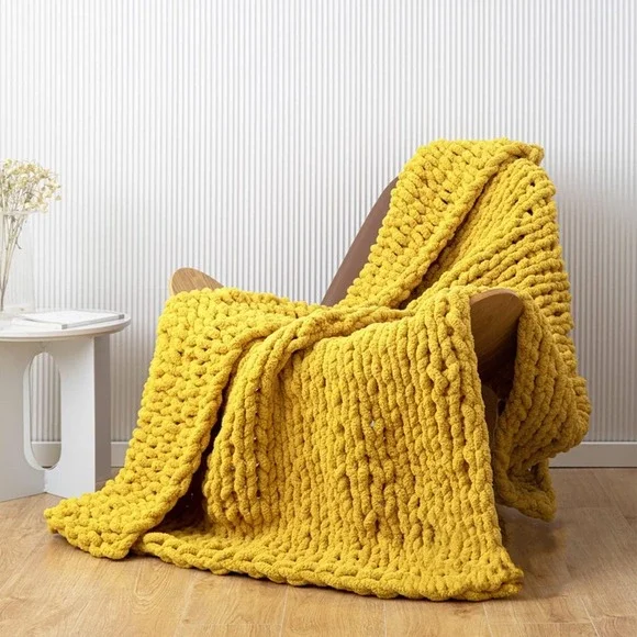 Chunky Knit Blanket - Yellow Throw Blanket - Soft Chenille Throw 50