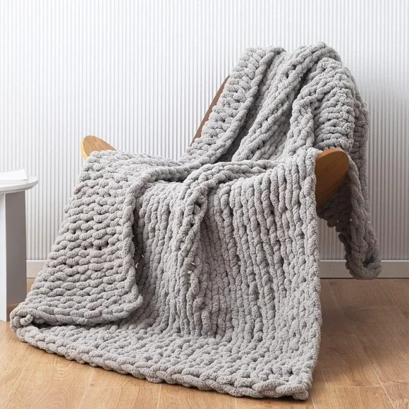 Chunky Knit Blanket - Gray Throw Blanket - Soft Chenille Throw - 40 x 60