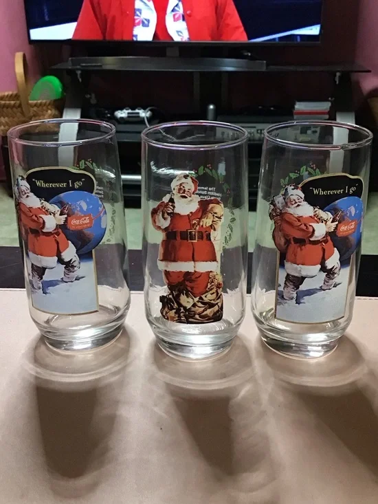 3 Vintage Coca-Cola Santa Christmas Glasses Set Collectable Glassware Coke