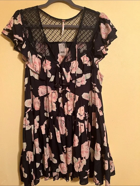 Free People Black Floral Mini Dress with Pink Flowers