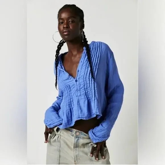Free People x CP Shades Blue Gauzy Cottagecore Boho Blouse Top Size Small