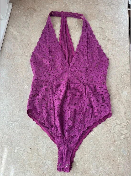 Free People Intimately Avery Lace Bodysuit, Vibrant Orchid- Size Medium