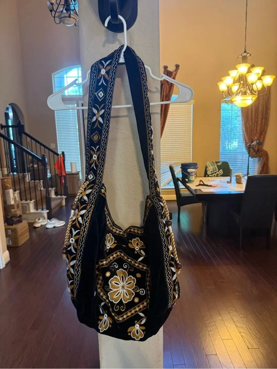 Free People Vic Slouchy Bag velvet with gold and white floral embroidery