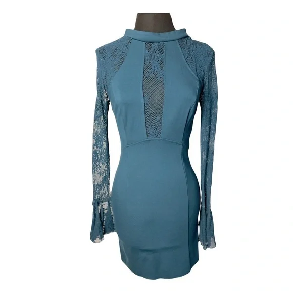 Free People | Teal It’s Now Or Never Ponte Lace Bodycon Mini Dress, Small