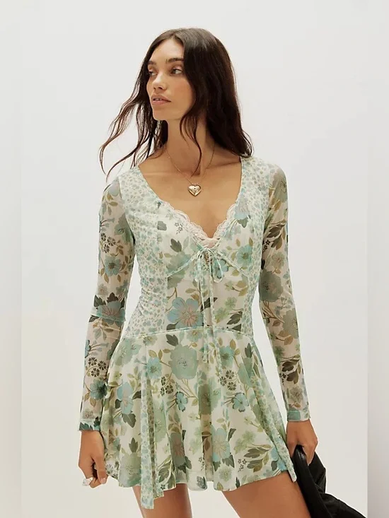 Free People Mint Green Floral Lace-Trim Long Sleeve Mini Dress