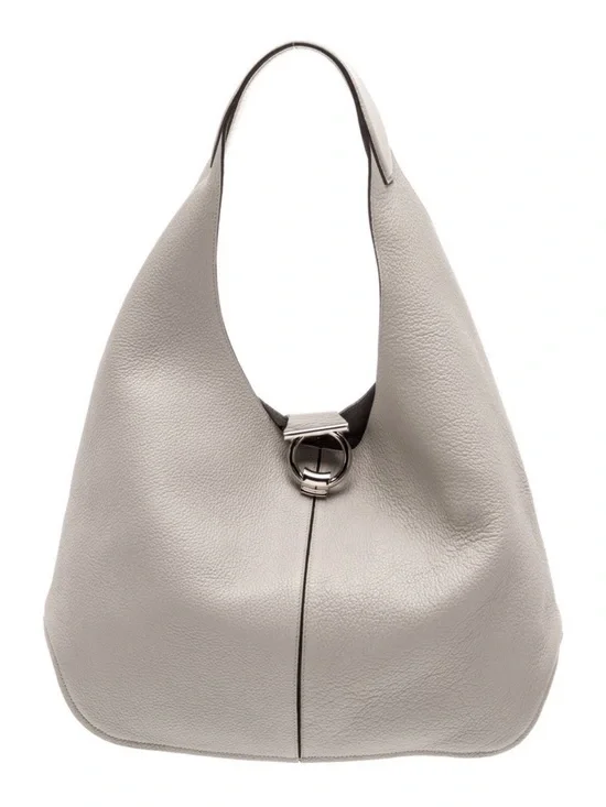 Structured Pebbled Leather Hobo Bag - Light Gray