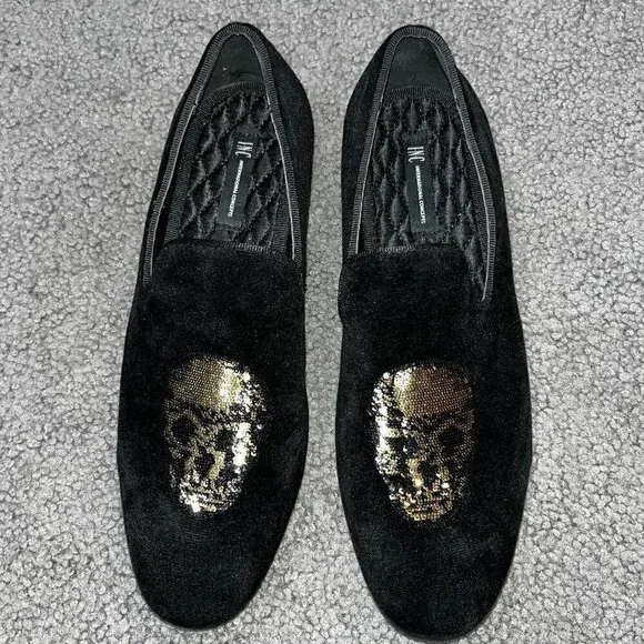 Sequin SKULL Black VELVET Slipper Shoes to wear for Halloween NWOT Men's 8