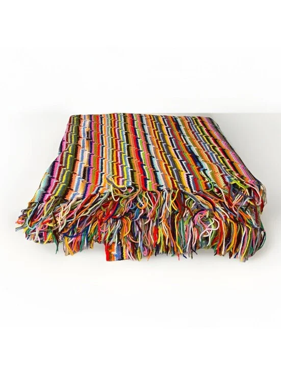Large Knit Handmade Crocheted Afghan Blanket Rainbow Multi Color 80x92 Inch Vtg