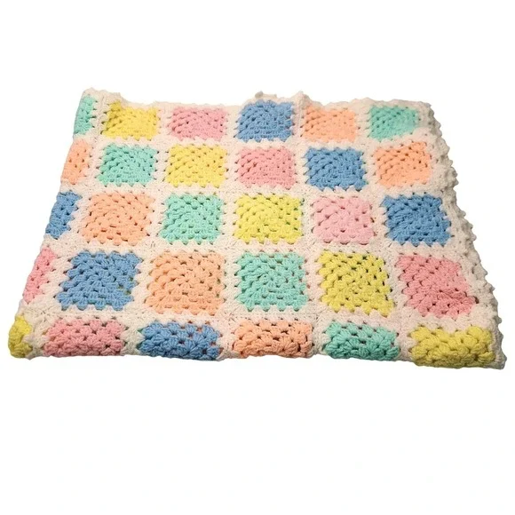 Handmade Crochet Granny Square Baby Blanket Pastel Color 32x42 Vintage Style