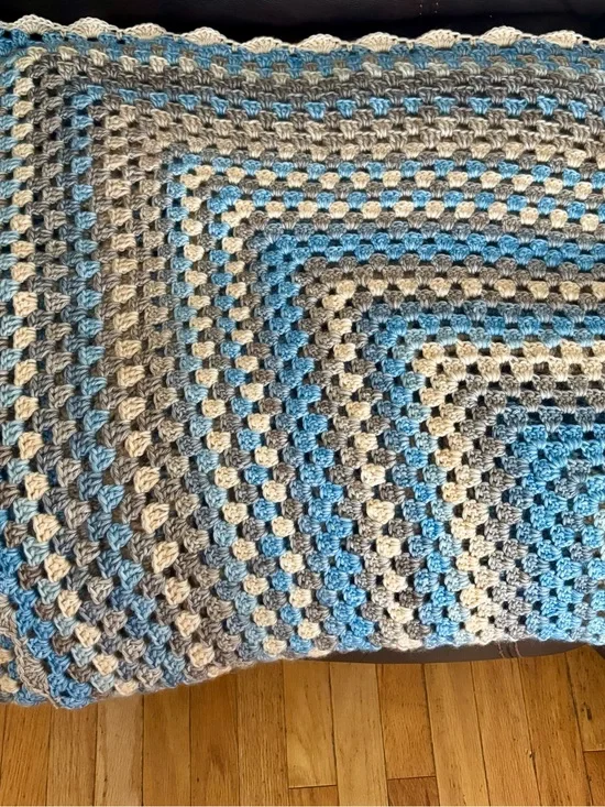 Handmade Blue, Gray & Cream Crochet Throw Blanket