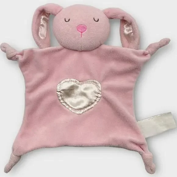 Stepping Stones Pink Bunny Baby Blanket Satin Heart Knotted Corner Lovey 10.5