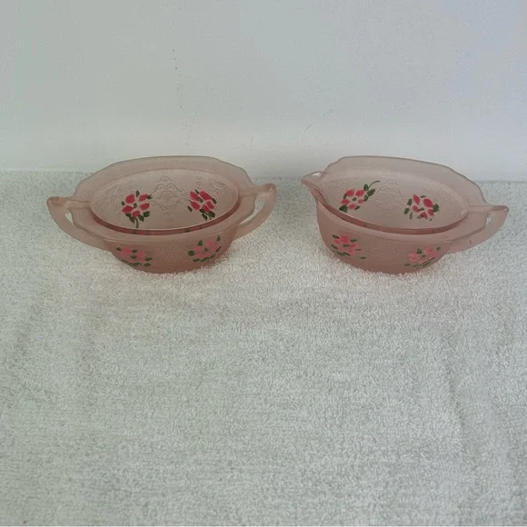 VTG Embossed Hand Painted Flower Pink Satin Glass Creamer Sugar Set of 2