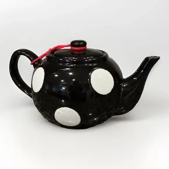 Vintage Black White Polka Dots Porcelain Small Tea Pot Kettle Home Table Decor