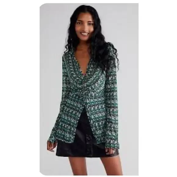 Free People | Lucky Shirtee Button Up Blouse Green Mesh Abstract Retro Groovy Sm
