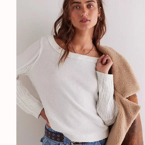 new Free People Swinging Cable 100% cotton Cuff Top  Shirt 267 2S4