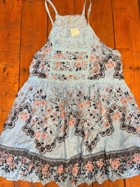 Free People Pale Blue Floral Embroidered Sundress
