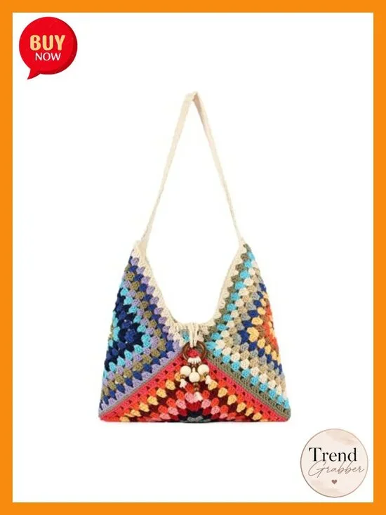 Crochet Hobo Bag Summer Beach Tote Handcrafted Bohemian Ethnic Shoulder Purse