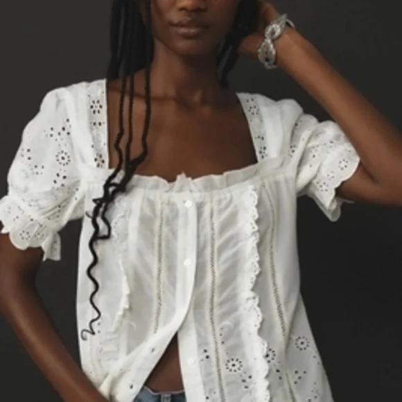 Anthropologie White Eyelet Puff-Sleeve Button Front Blouse