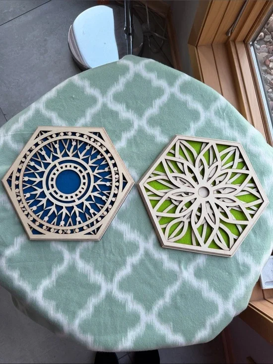 2 pieces Hexagon Laser-Cut Wood Wall Plaques with Blue and Green acoustic Inlays