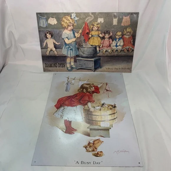Vintage Diamond Dyes Tin Signs A Busy Day Dollville Bessie Pease Gutmann 1990's