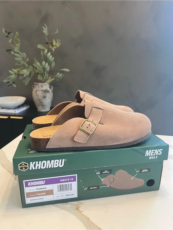Khombu Taupe Suede Slip-On Buckle Mule