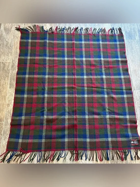 Vtg 100% Pure New Wool Plaid Blanket Red Navy Green Brown 46x48” Fringe Made UK