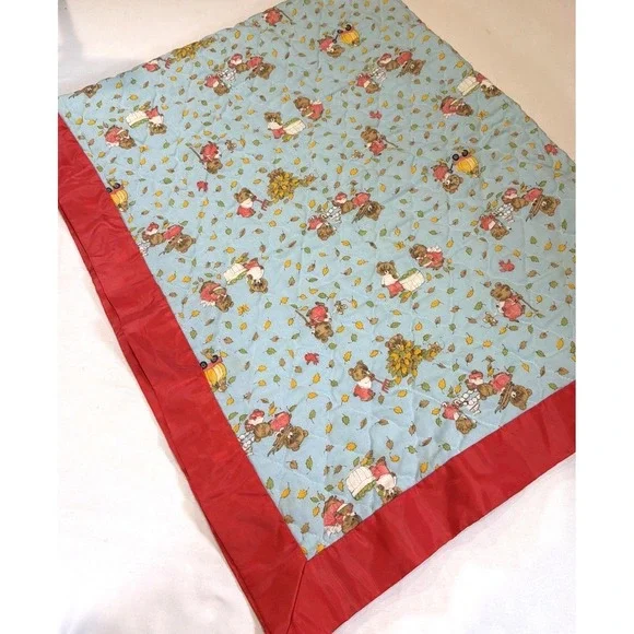 Vintage‎ Handmade Baby Blanket Teddy Bear Fall Autumn Blue Red Crib Stroller