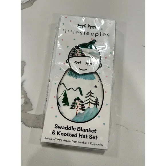 Little Sleepies Mountains Swaddle Blanket and Knotted Hat Set Bamboo Lunaluxe