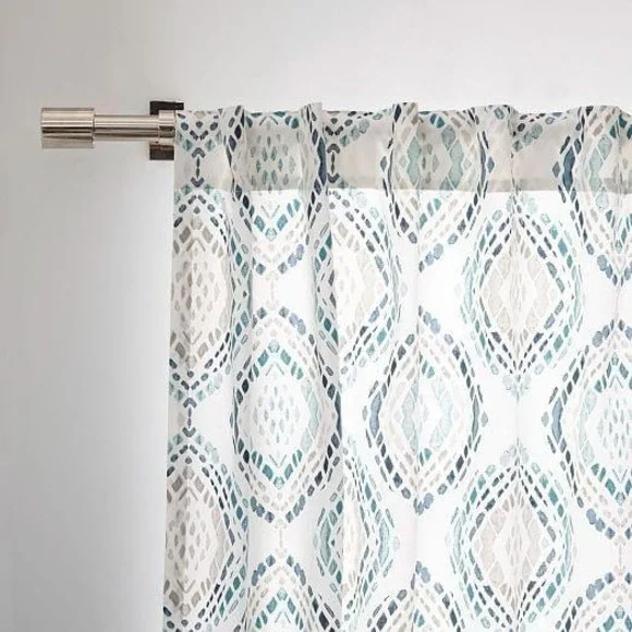2 West Elm Curtains Cotton Canvas Mosaic Medallion 48x96 White Teal Blue Ikat
